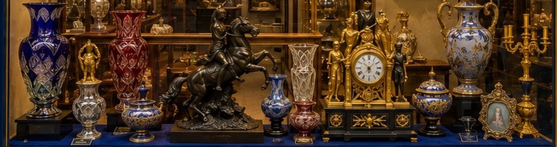 La vitrine de la galerie : cristaux, bronzes, pendules et porcelaines rassemblés